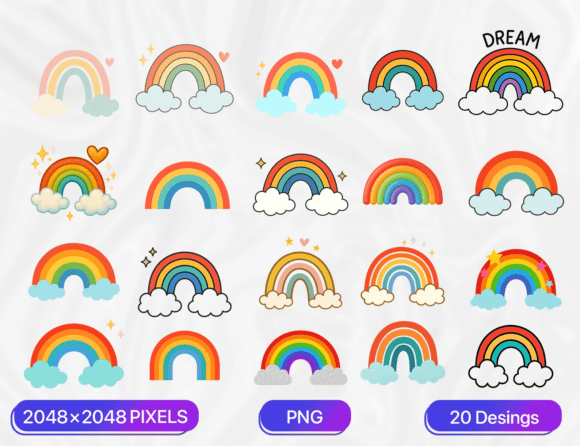 20 Cute Rainbow Clipart PNG Bundle: A Versatile Resource for Creative Projects