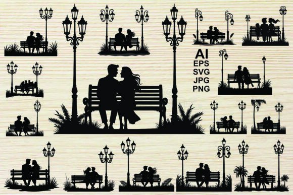 Couple Silhouette on a Park Bundle: Elevating Romantic Design with Versatile Vector Assets