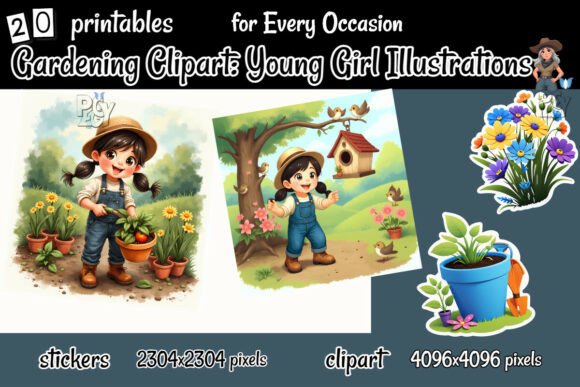 Discovering the Charm of Gardening Clipart: Young Girl Elements in Watercolor Design