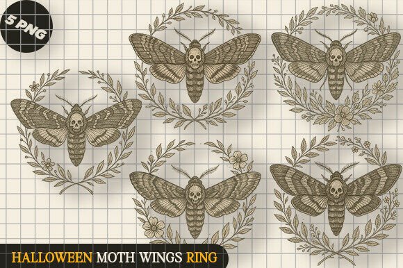 Halloween Skull Moth Botanical Ring Set: Elevating Gothic Design with Precision