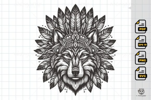 Tribal Wolf Head Line Art with Feathered Headdress: Design Evaluation and Usage Guide