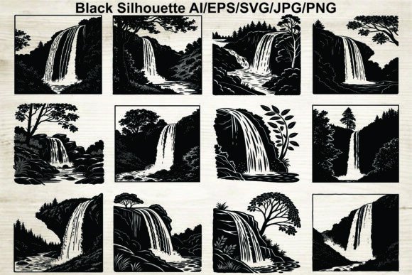 Waterfall Mountain Silhouette Art